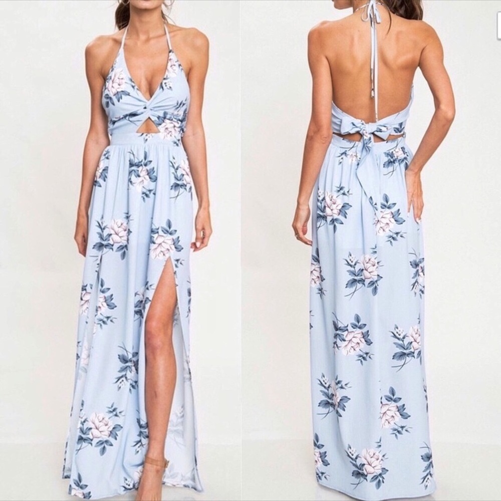 Floral Prom Maxi Dress Front. Tout Halter Blue - Picture 2 of 8